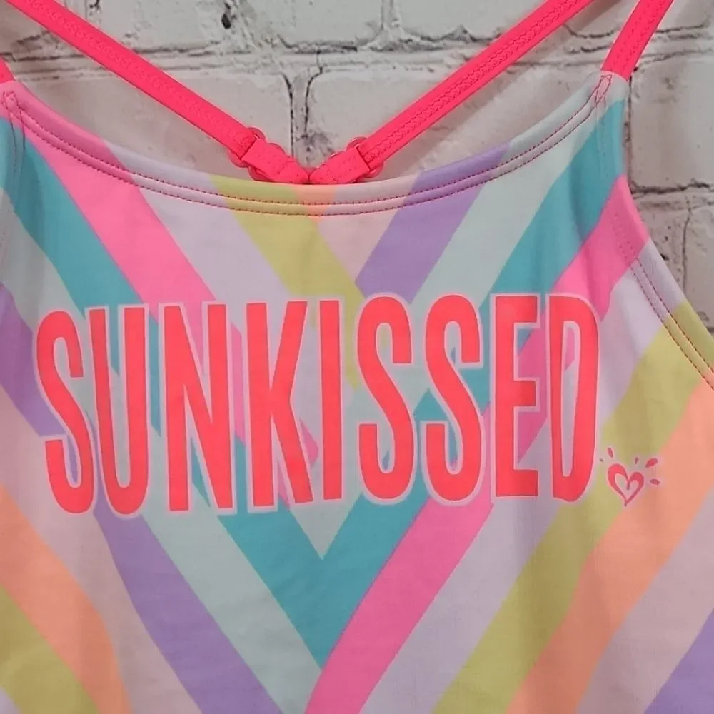 Justice Neon Pink Stripe Sunkissed 1pc Swimsuit Girls Size 10 Bathing Suit Swim